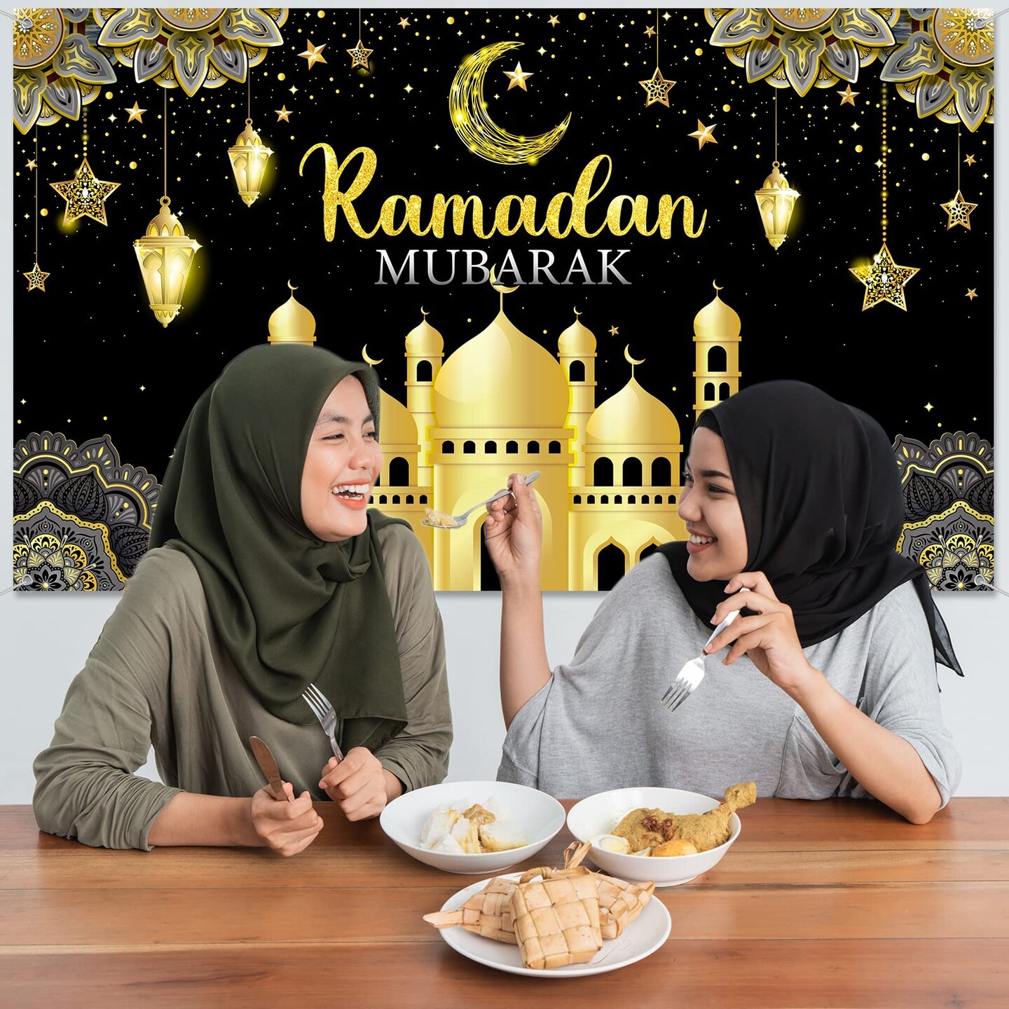 Ramadan Mubarak Decorations Backdrop Banner Muslim Kareem Background Eid Sign Photo Booth for Home Al Fitr Party Supplies (Black)