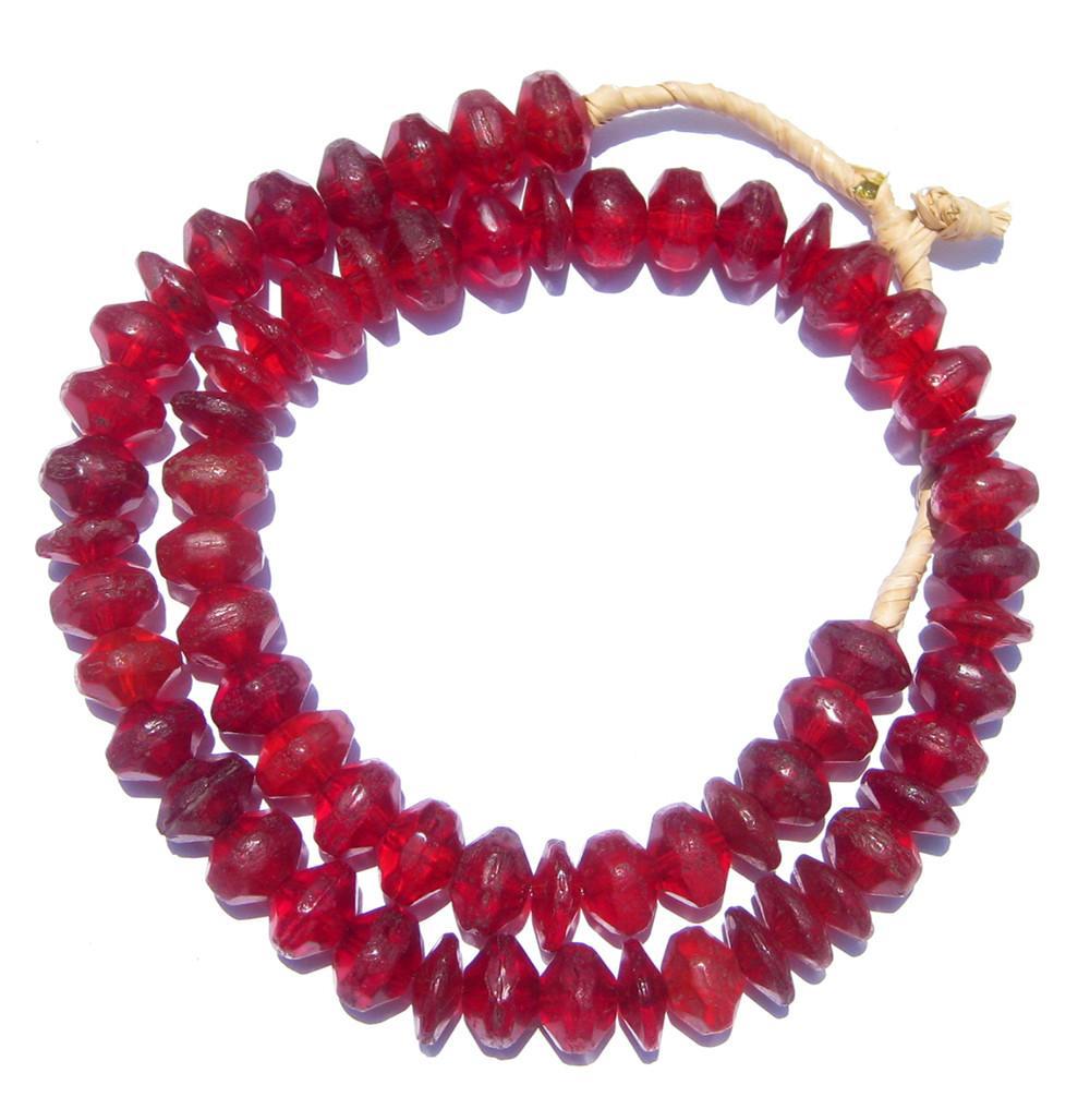 TheBeadChest Vintage Red Vaseline Beads 16mm Ethiopia African Bicone Glass Large Hole 21 Inch Strand Handmade