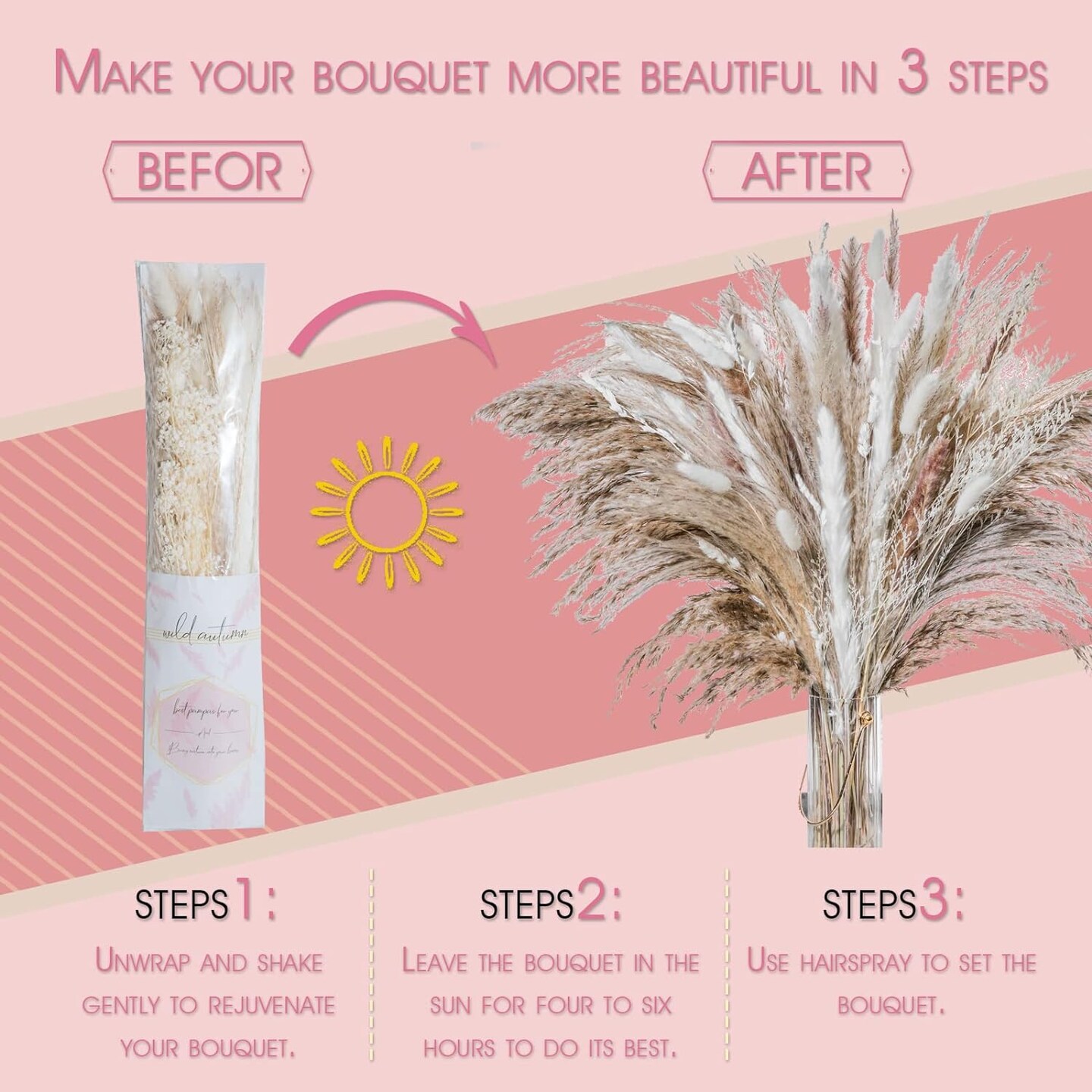 96PCS Natural Dried Pampas Grass Boho Home Decor Bouquet