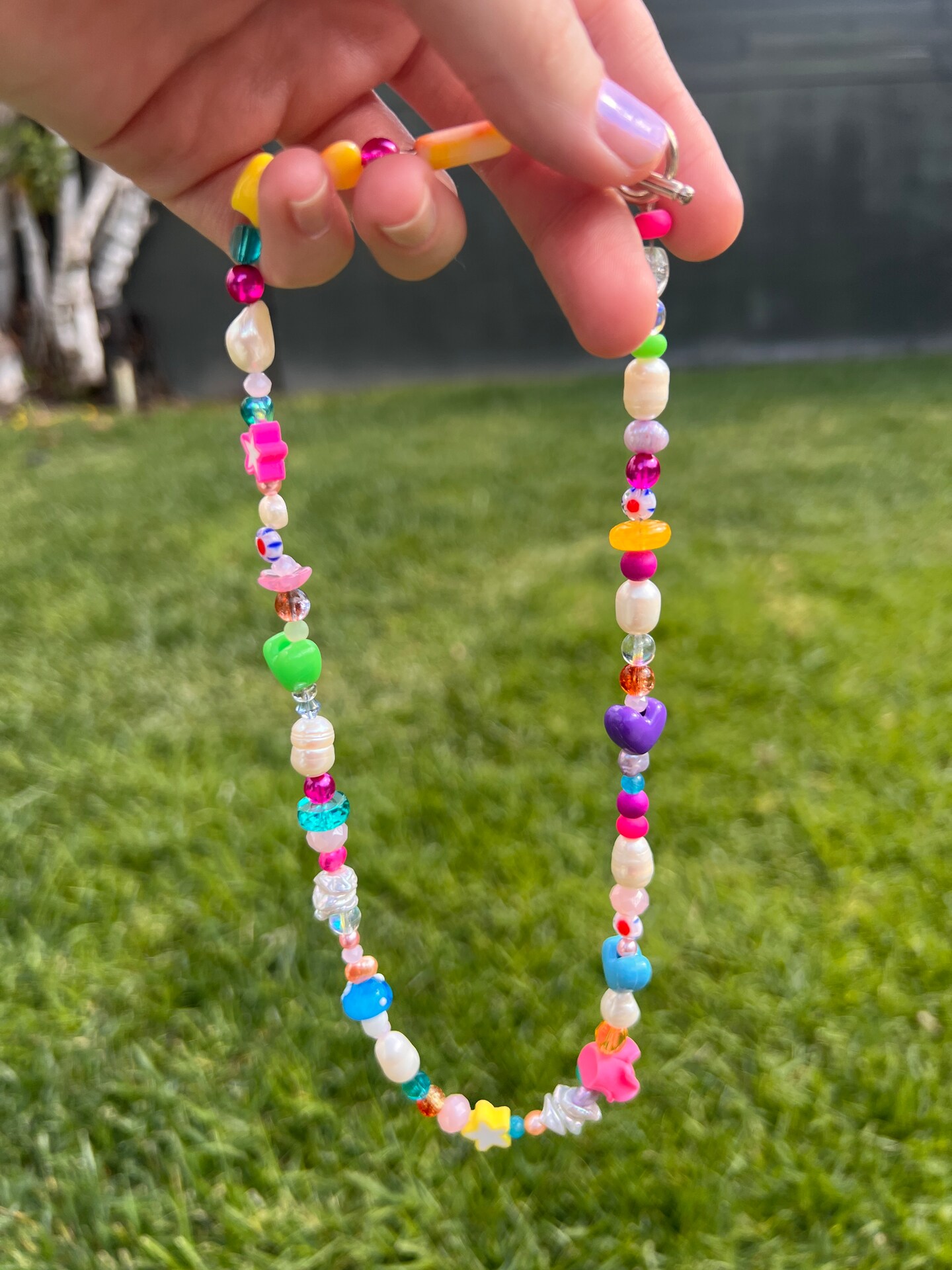 Colorful Pearl and Charm Beaded Necklace with stars and
