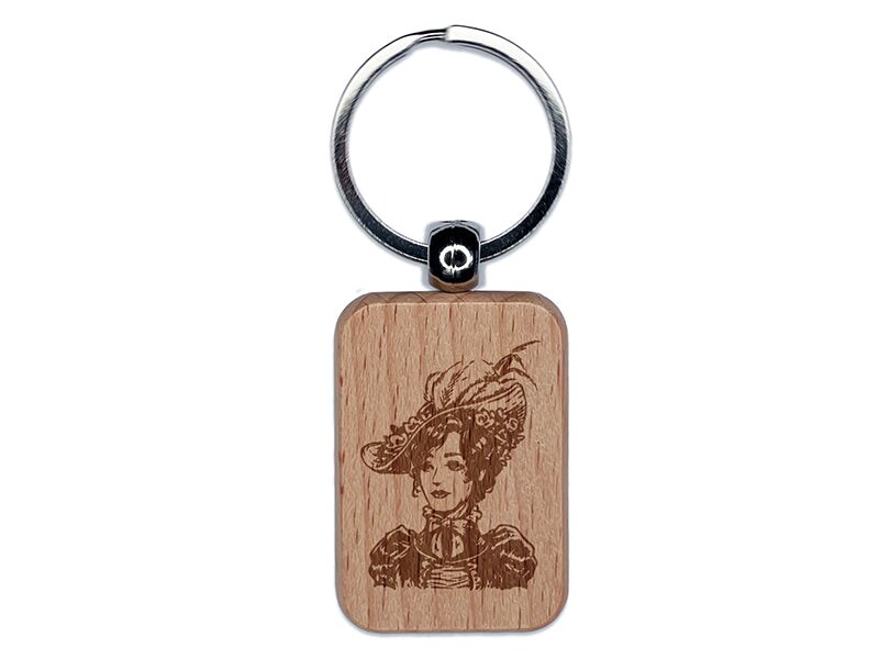 Elegant Victorian Lady Woman with Flower and Feathers in her Hat Engraved Wood Rectangle Keychain Tag Charm