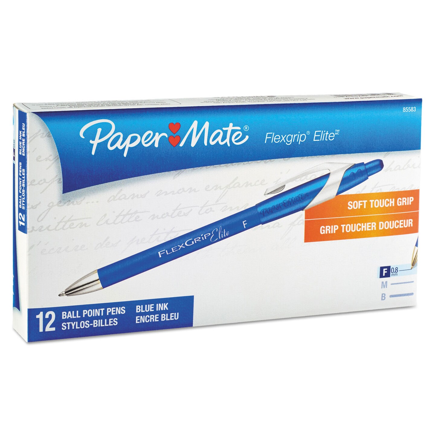 Papermate FlexGrip Elite Retractable Ballpoint Pen, Fine 0.8mm, Blue Ink/Barrel, Dozen