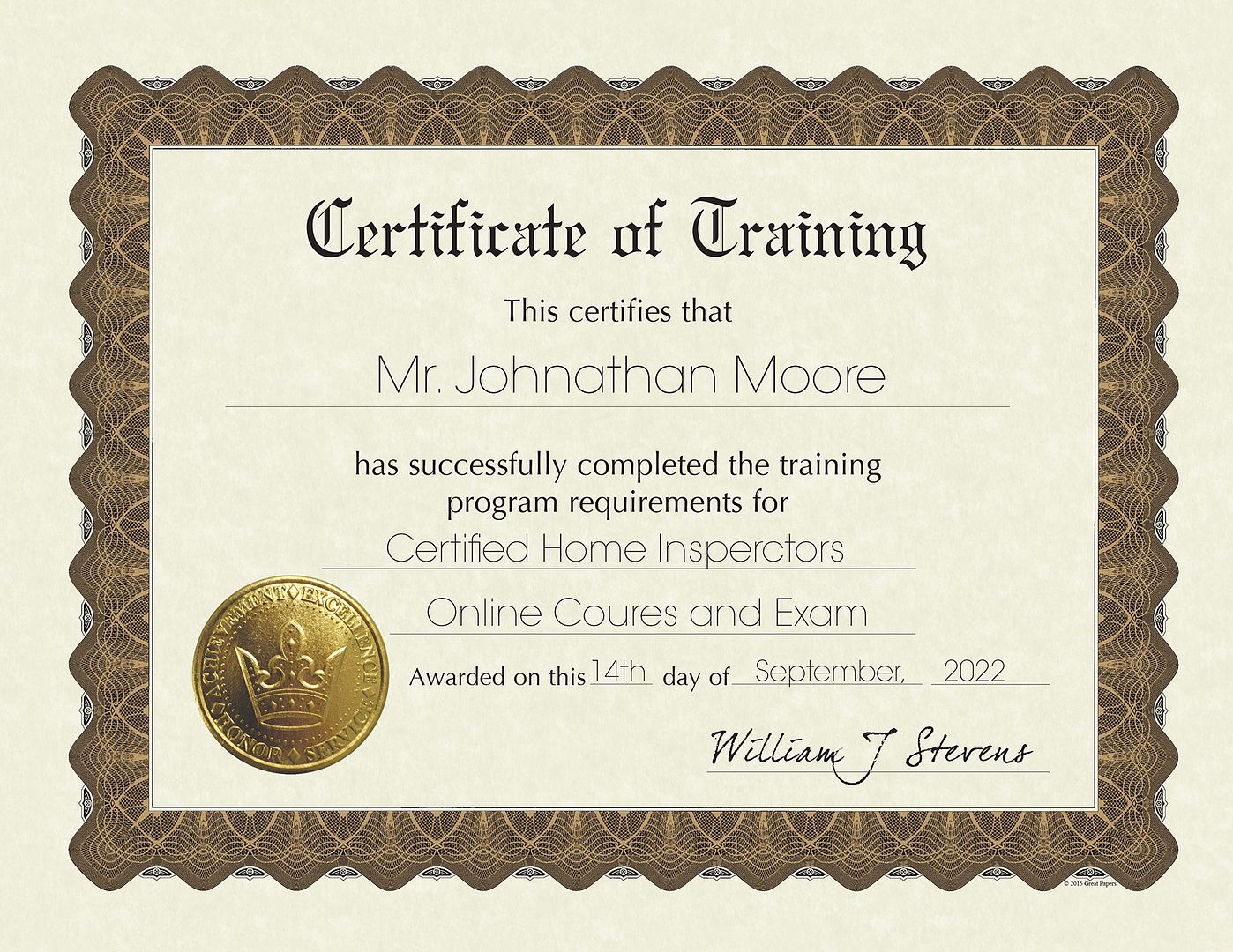 Great Papers! Parchment Stock Fill-In Certificates with Metallic Border, Training, 8.5&#x22; x 11&#x22;, Not Printer Compatible, 6 Count