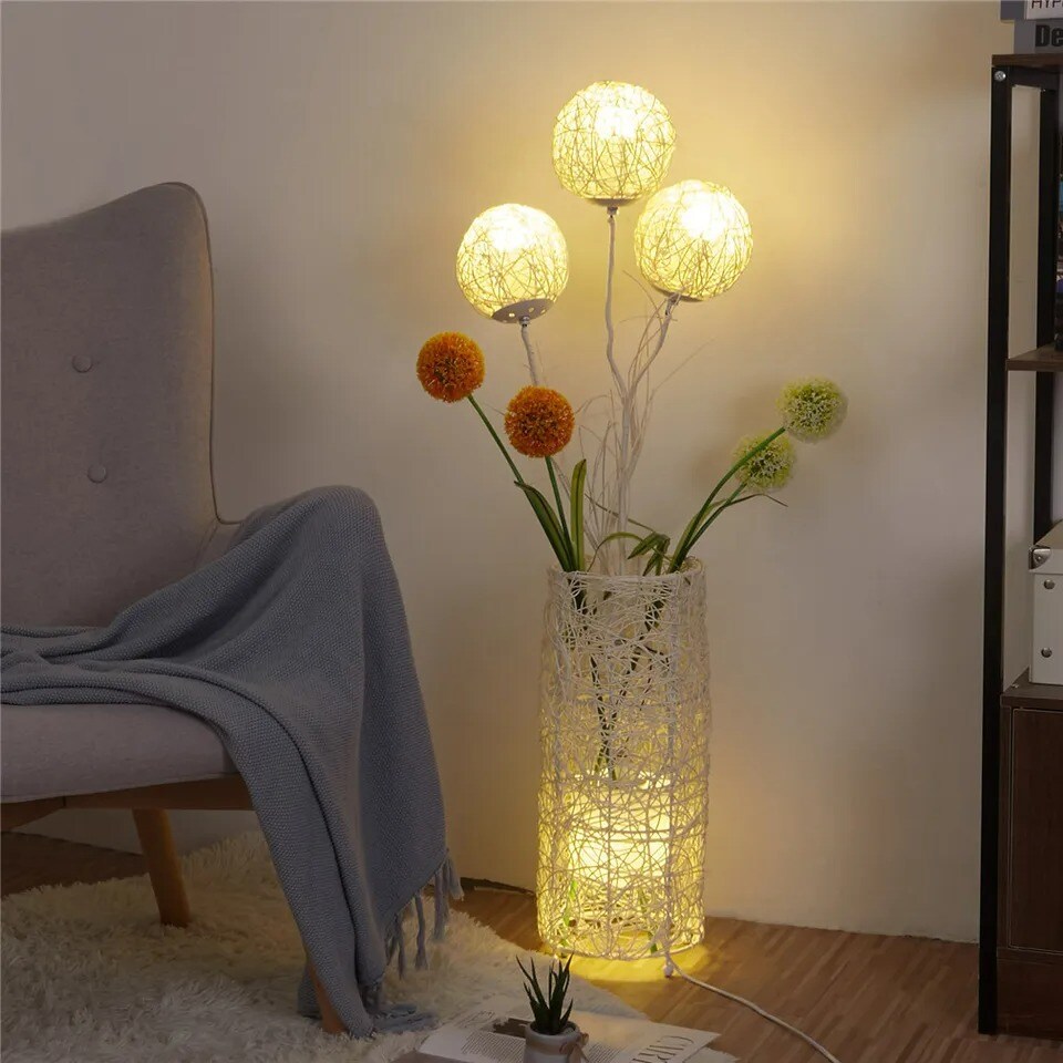 Ornamental Handmade Rattan Led Floor Lamp Dimmable Night Light Tall Standing Lamp