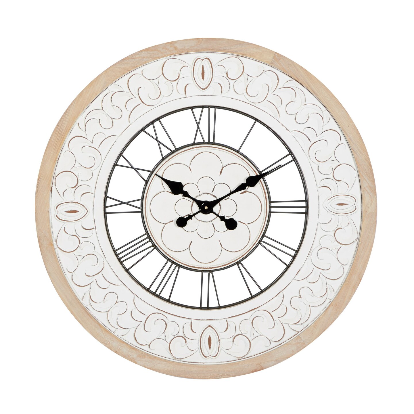 DecMode 32" White Wood Floral Carved Wall Clock | Michaels