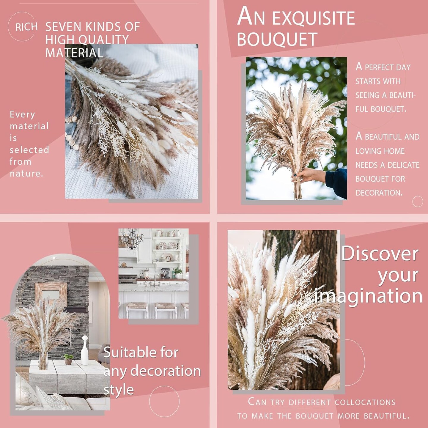 96PCS Natural Dried Pampas Grass Boho Home Decor Bouquet
