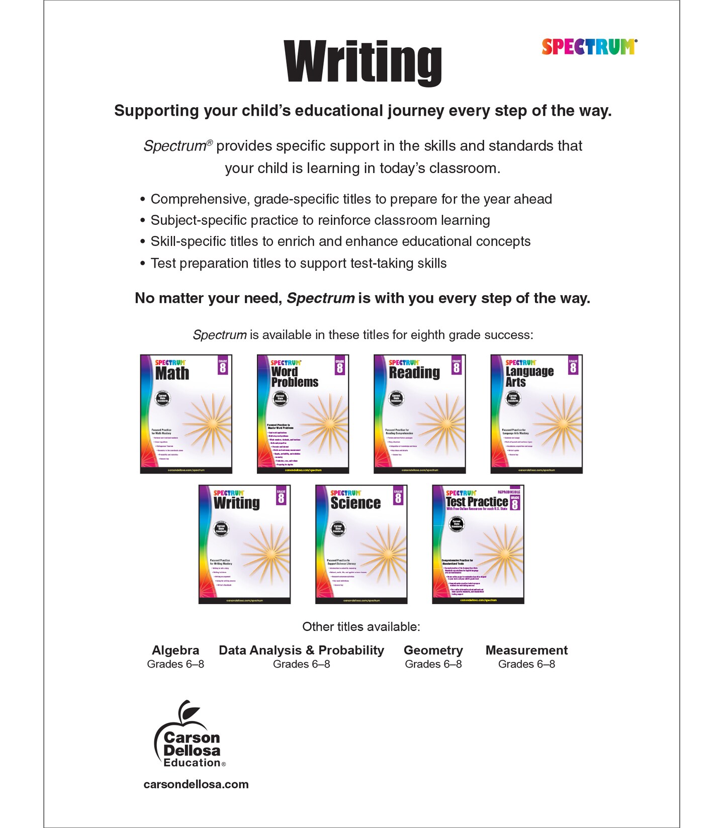 Spectrum 8th Grade Writing Workbook, Ages 13 to 14, Grade 8 Writing Workbook Informative, Advertising, Persuasive, Letter, and Fiction Story Writing Prompts 8th Grade Workbook - 144 Pages