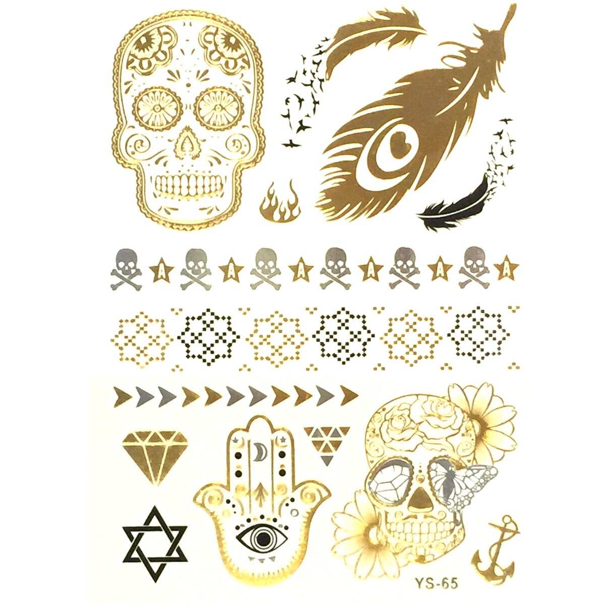 Wrapables Celebrity Inspired Temporary Tattoos in Metallic Gold Silver and Black, Skull, Large