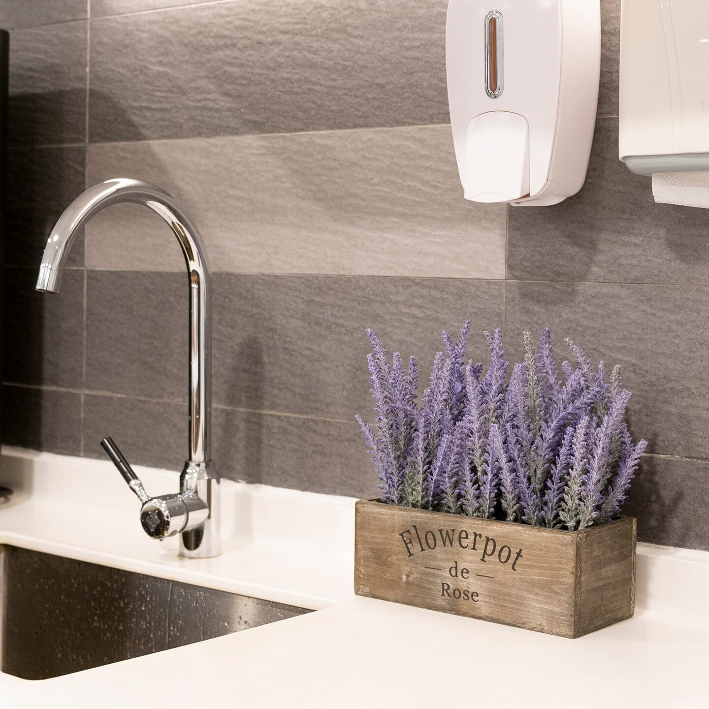 Purple Artificial Lavender Flowers with Decorative Tray Wooden Box 9 Inches - Lifelike Faux Lavender Plants for Home and Office Decor, Fake Lavender Rustic Farmhouse Style