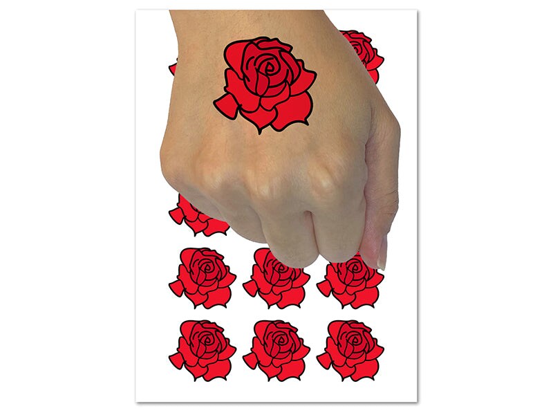 Blooming Open Rose Flower Outline Temporary Tattoo Water Resistant Fake Body Art Set Collection (1 Sheet)