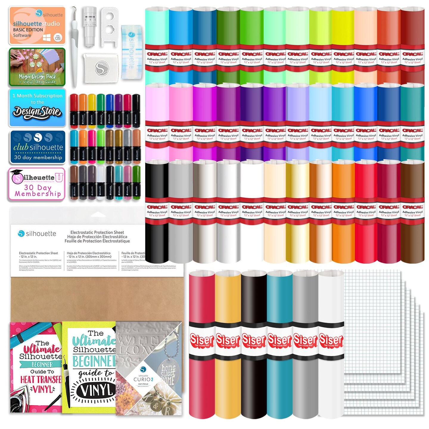 Silhouette Curio 2 w/ 38 Oracal Vinyl Sheets, Siser HTV, Guides, 24 Pens