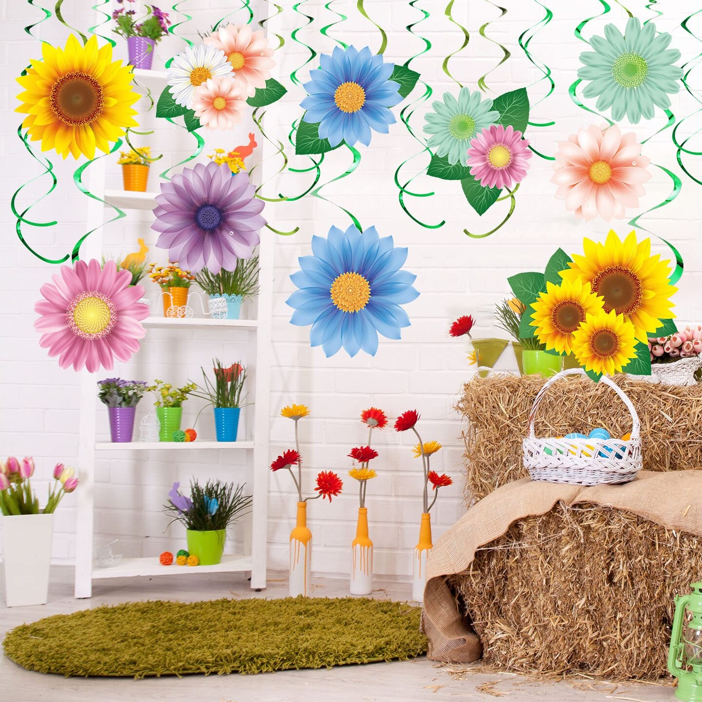 30 Pieces Flowers Butterfly Hanging Swirl Decorations, Spring Summer Sunflower Baby Shower Decor for Women Kids Birthday Easter Party Baby Shower Mother's Day Wedding Supplies (Flower)