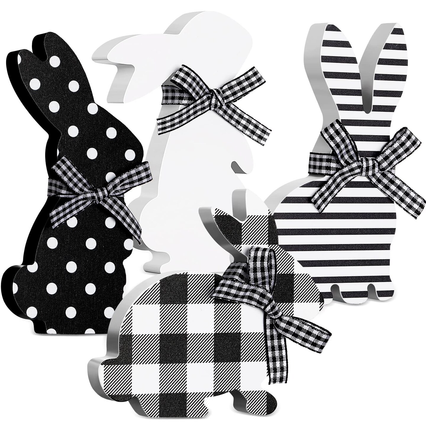 4 Pcs Easter Bunny Table Wooden Signs Bunny Shaped Farmhouse Decor Spring Bunny Wood Tabletop Easter Decorations Easter Bunny Dining Room Table Decor Sign Bunny Decor with Rope (Striped)