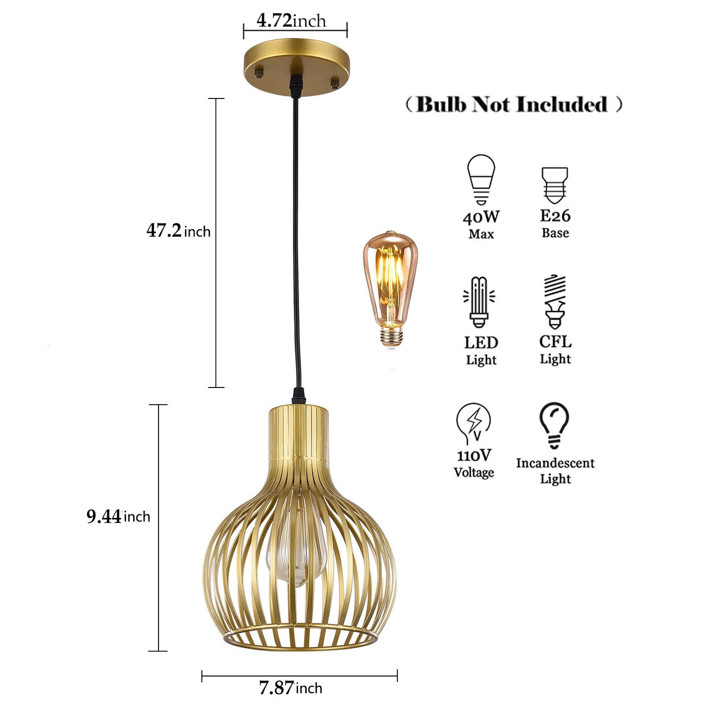 Kitcheniva Modern Gold Metal Cage Pendant Lamp Fixture