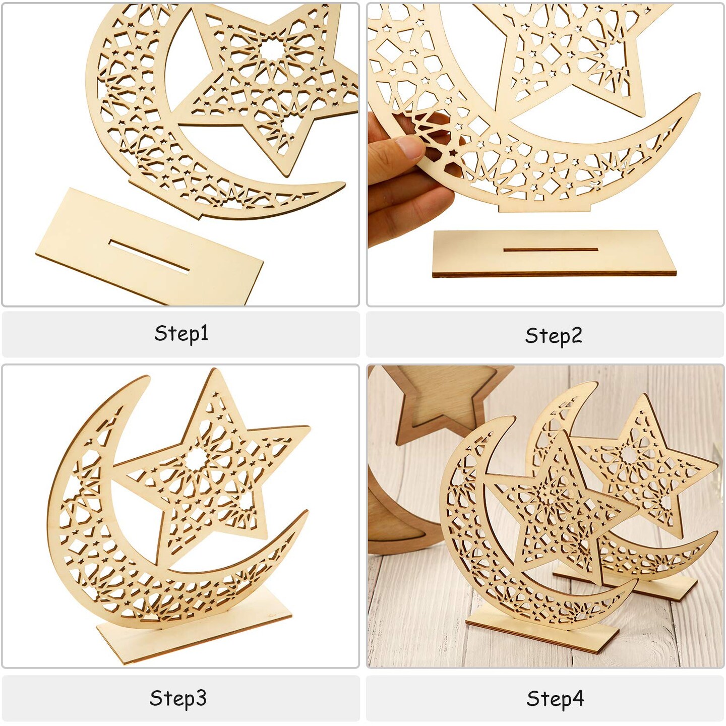 2 Set  Eid Mubarak Wooden Ornament Ramadan Hanging Plaque Moon Star Pendant for Decorations (Classic Style)