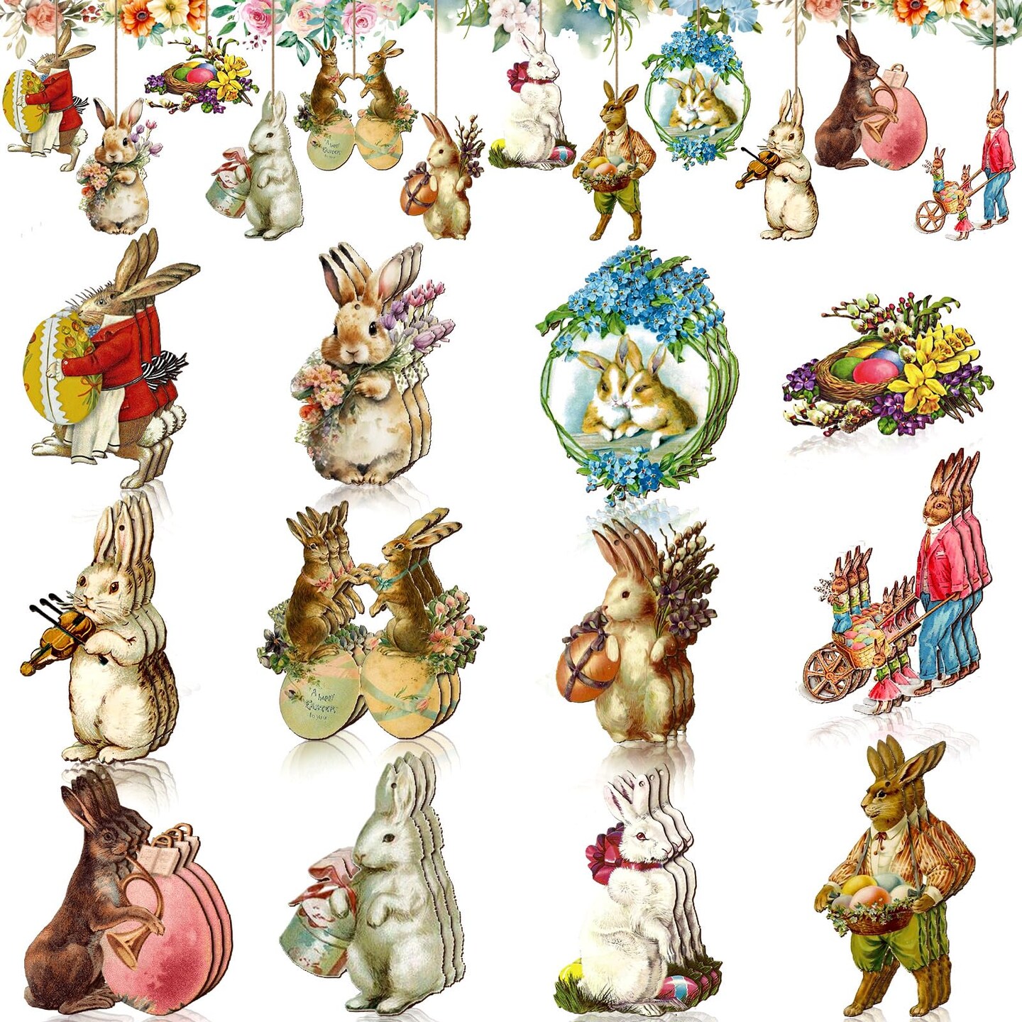 Huwena 36 Pcs Vintage Easter Ornaments Wooden Easter Ornaments Bunny Wood Cutouts Rustic Farmhouse Easter Decorations for Home Easter Party