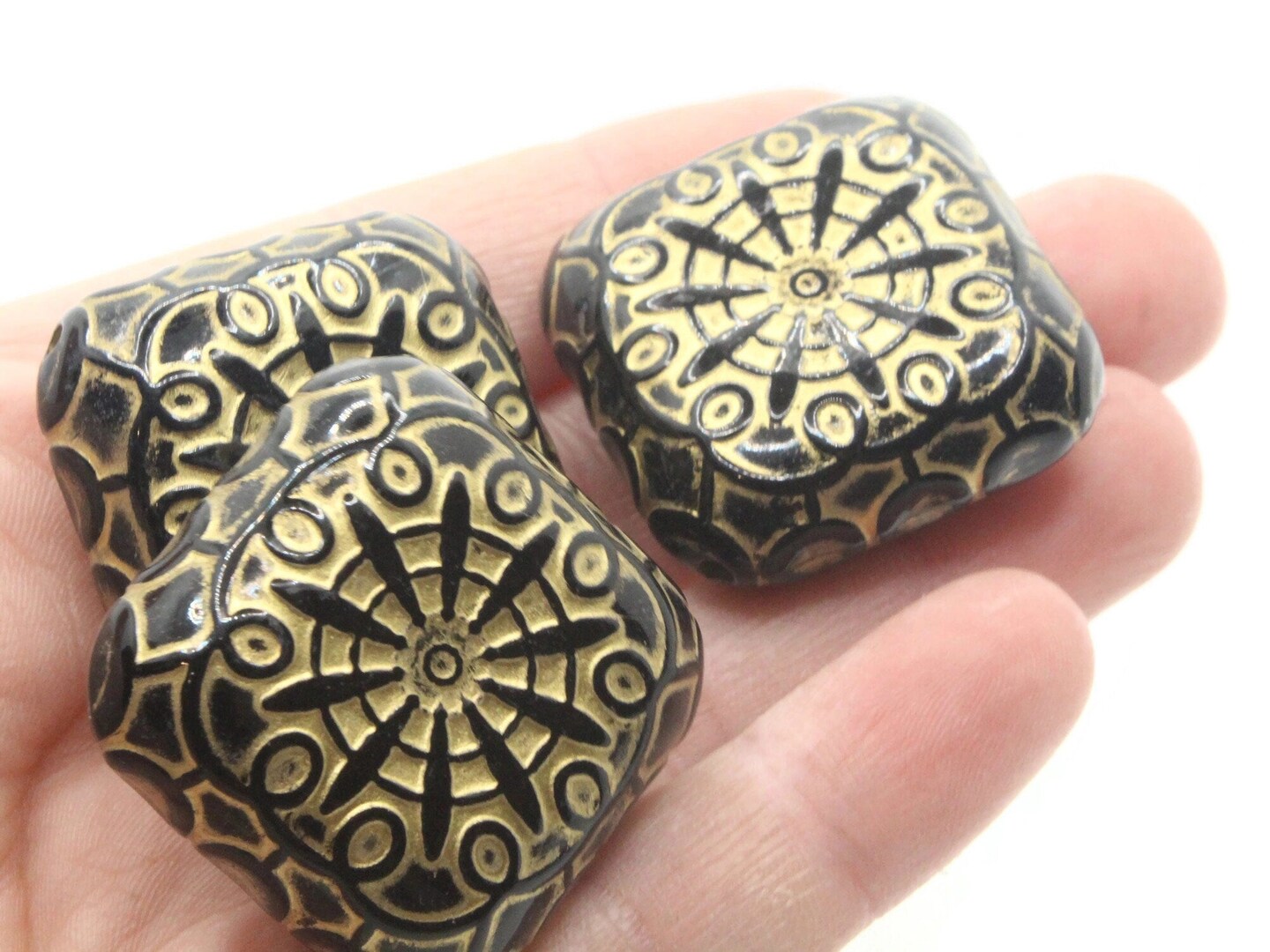 4 37mm Black Plastic Flat Square Beads with Gold