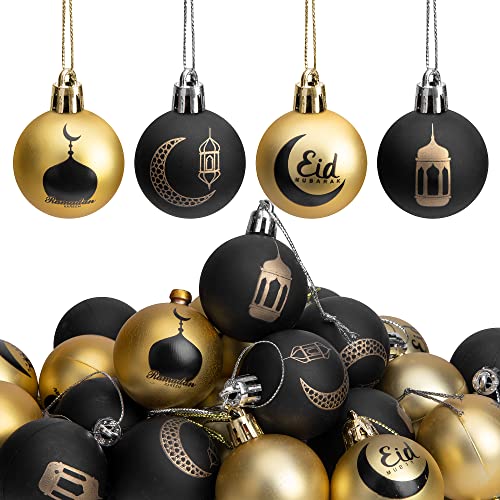 24 PCS Ramadan Ornament Ball, 1.57&#x22; Black Gold Eid Mubarak Hanging Balls, Ramadan Mubarak Ornaments for Islamic Muslim Tree Party Decor