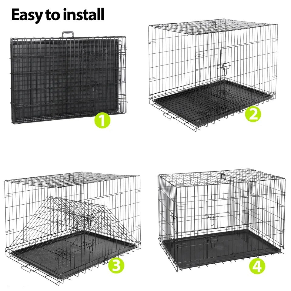 42" Dog Crate Kennel Folding Metal Pet Cage Double Doors With Tray Pan Indoor