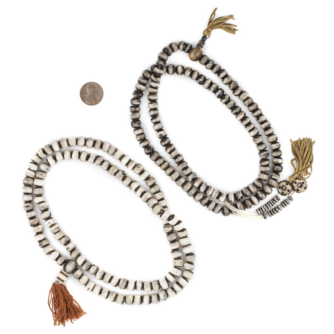 108 8mm Grey Bone Mala Beads - Handmade Fair Trade Nepal Prayer Rosary Beads Necklace for Mediation, Yoga, Jewelry Making, Crafts - The Bead Chest