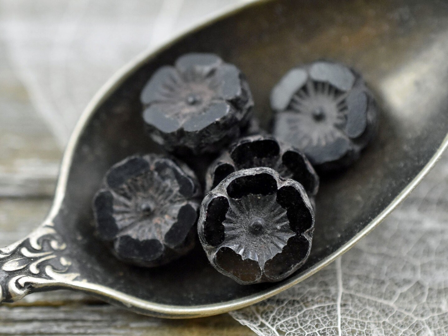 *11* 12mm Antiqued Jet Black Hawaiian Flower Beads -- LAST PACK