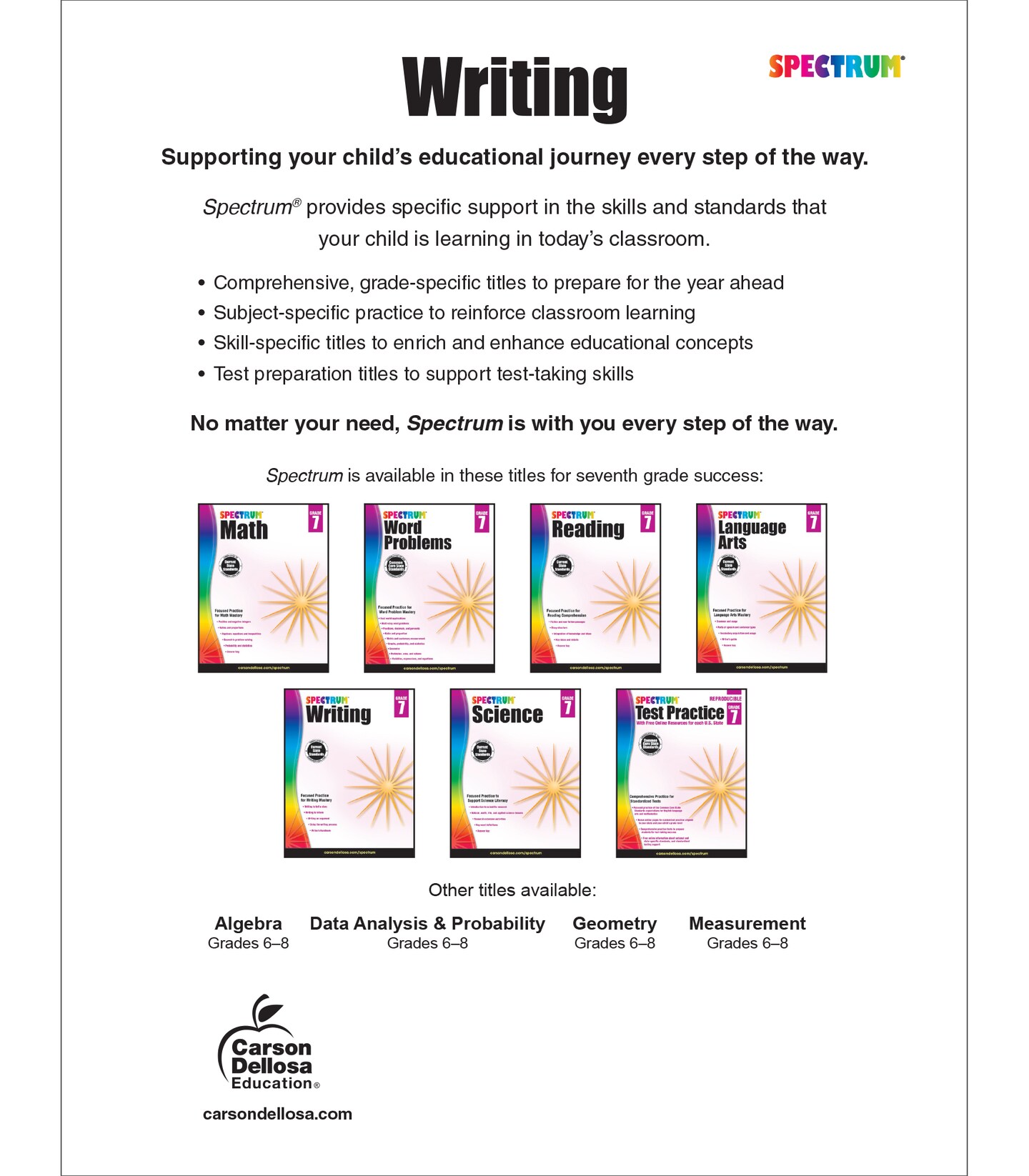Spectrum 7th Grade Writing Workbooks, Ages 12 to 13, 7th Grade Writing, Informative, Argumentative, Comparative, and Fiction Story Writing Prompts, Writing Practice for Kids - 136 Pages