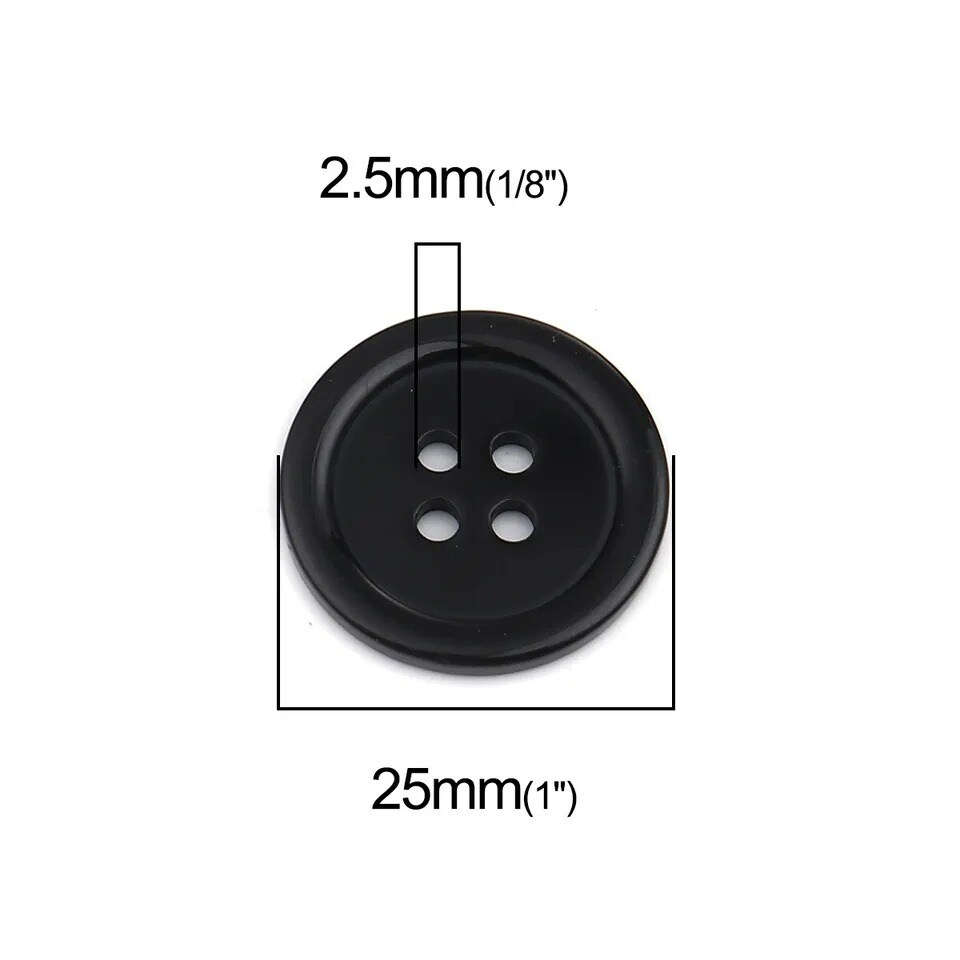 1 Inch Buttons 25mm Sewing Flatback Button Black 50pcs