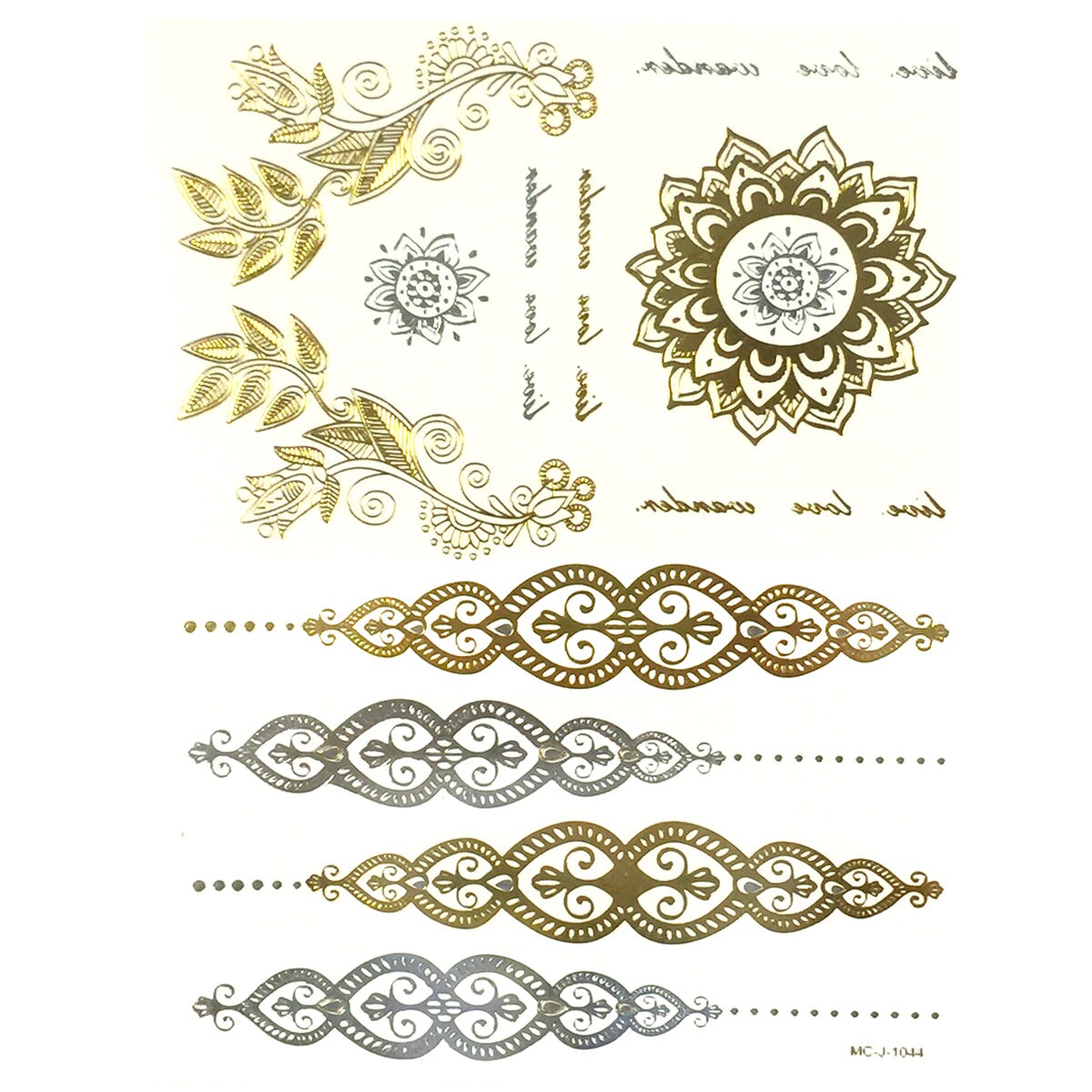 Wrapables Celebrity Inspired Temporary Tattoos in Metallic Gold Silver and Black, Live Love Wonder, Large