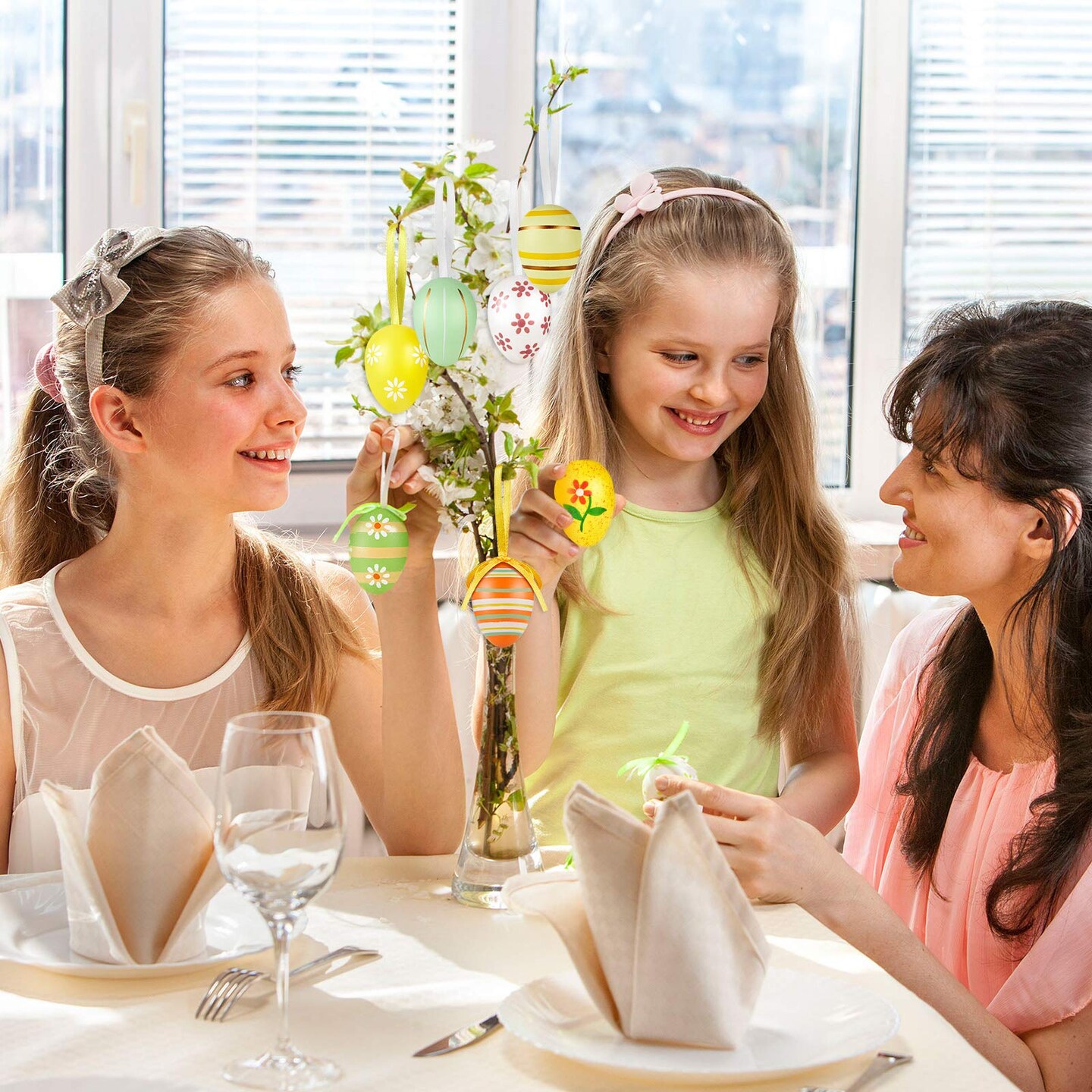 24 Pieces Easter Hanging Eggs Multicolored Plastic Easter Egg Hanging Ornaments Easter Decorations for Tree with Ropes for DIY Crafts Party Favor Home Decor (1.57 x 1.18 Inch)