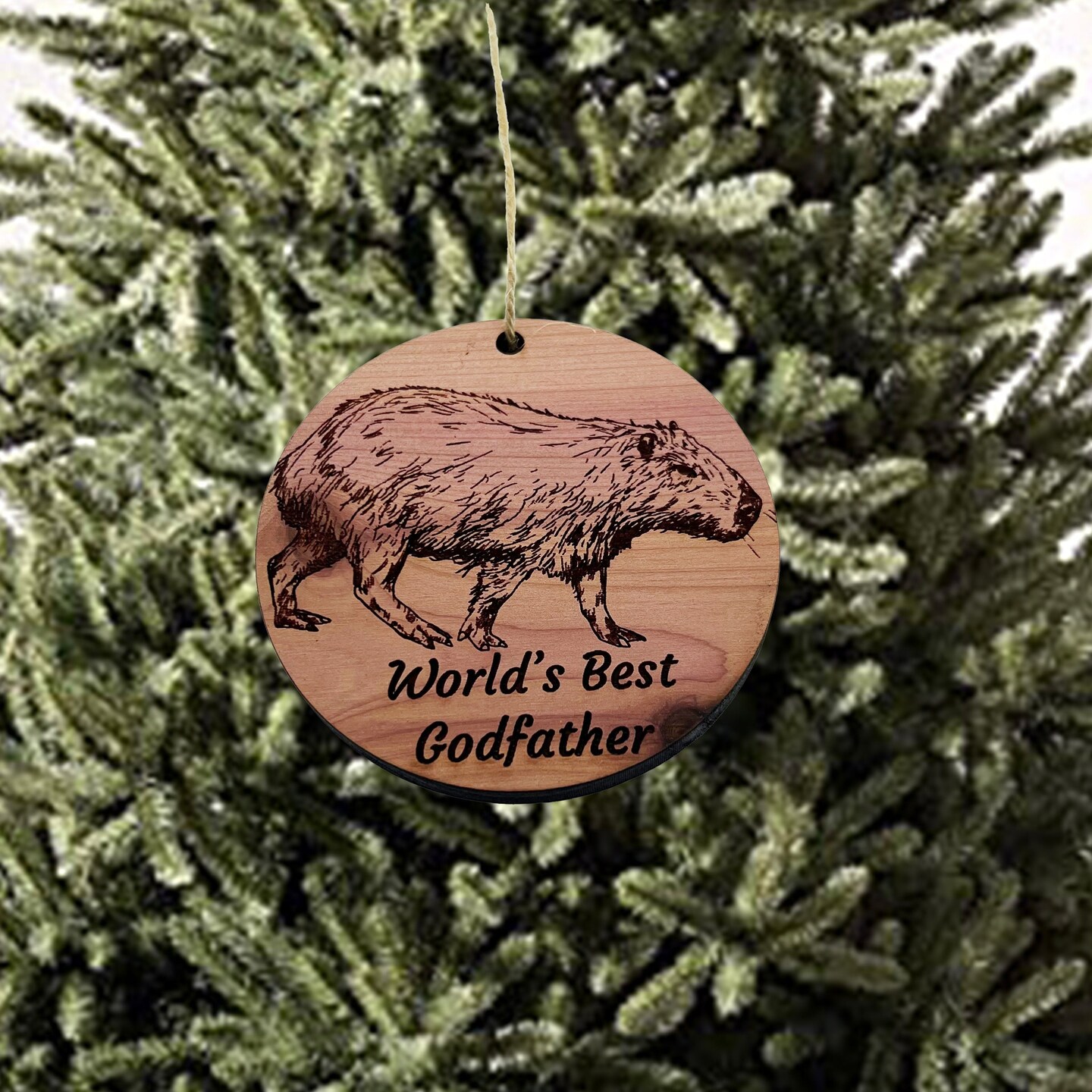 Worlds Best Godfather Capybara - Cedar Ornament Worlds Best Godfather Capybara - Cedar Ornament