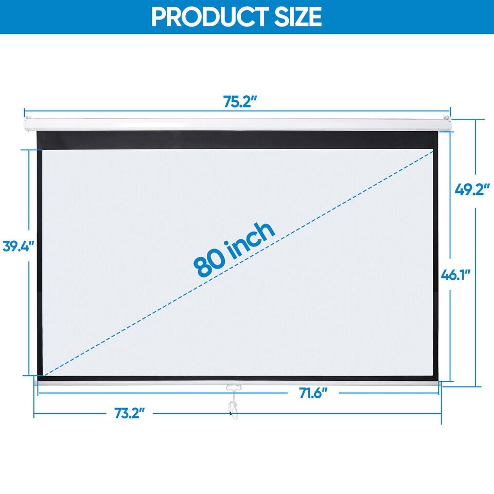 Projector Screen 80 Inch 16:9 4K HD Manual Pull Down Home Theater White