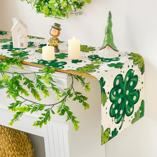 Artoid Mode Watercolor Shamrock St. Patrick&#x27;s Day Table Runner, Seasonal Spring Holiday Kitchen Dining Table Decoration for Indoor Outdoor Home Party Decor 13 x 72 Inch