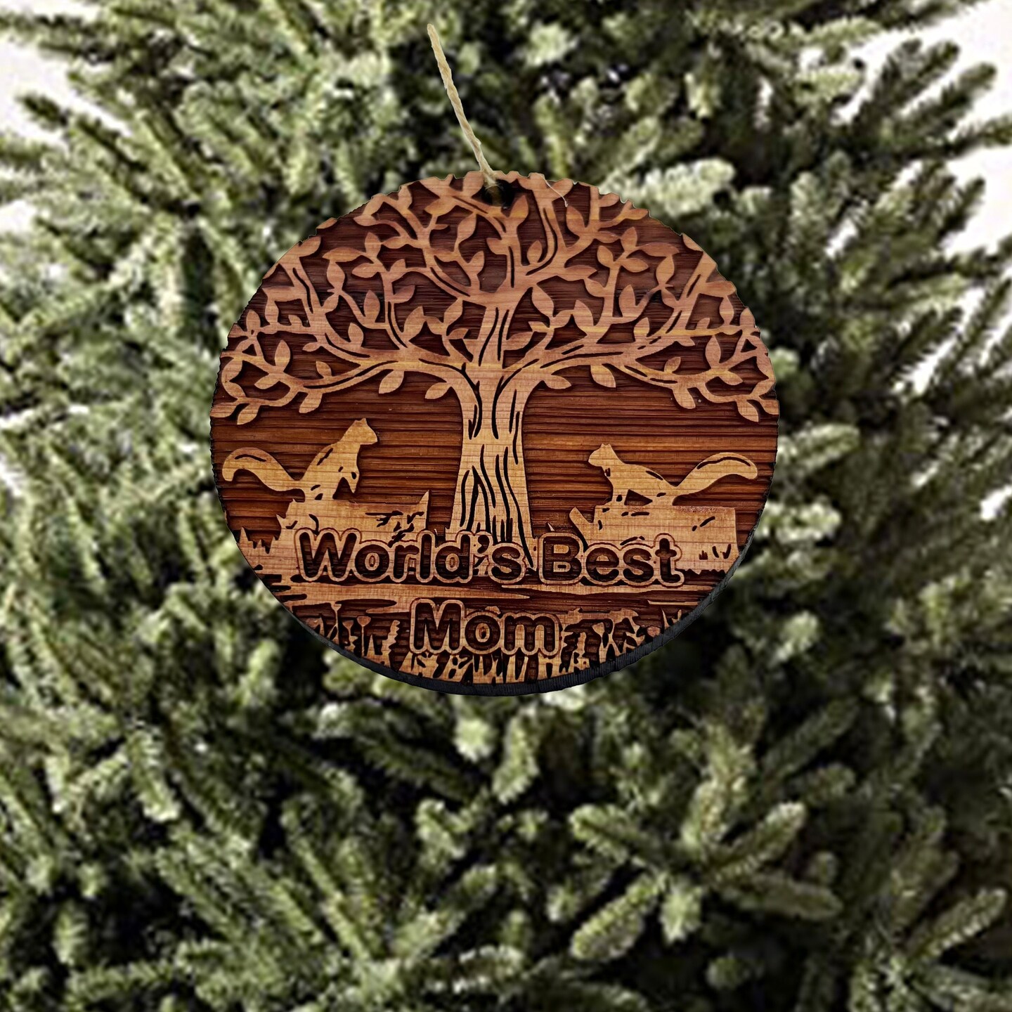 World&#x27;s Best Mom Two Squirrels and Tree of Life - Cedar Ornament