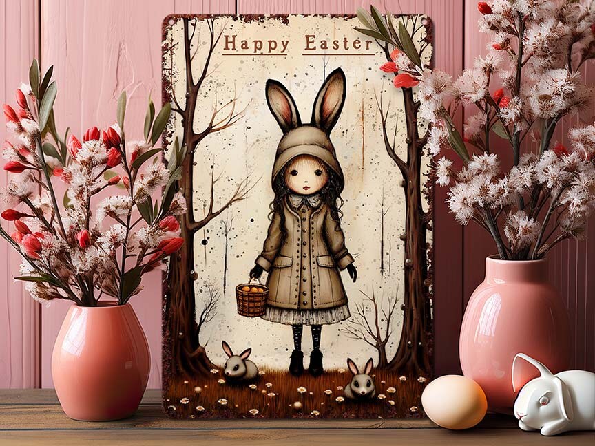 Whimsical Easter Decor - Folk Art Bunny Decoration Metal Art Sign Mantle  Display Picture - Indoor Outdoor Safe - Flower Pattern Rabbit