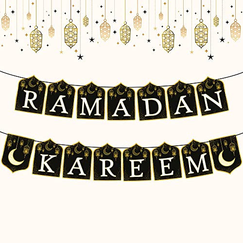 Ramadan Kareem Banner for Ramadan Decorations - 10 Feet, No DIY | Ramadan Mubarak Banner for Ramadan Decorations for Home | Ramadan Banner for Eid Decorations | Black and Gold Ramadan Decor