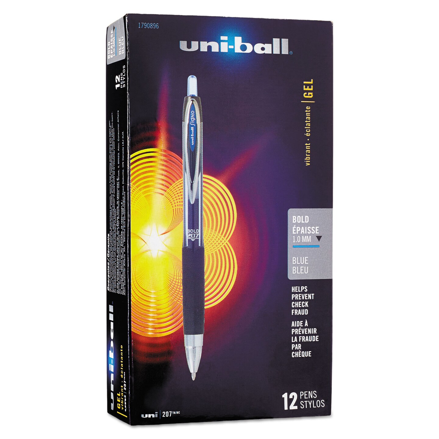 Uni-Ball Signo 207 Retractable Gel Pen, Bold 1mm, Blue Ink, Black/Blue Barrel, Dozen