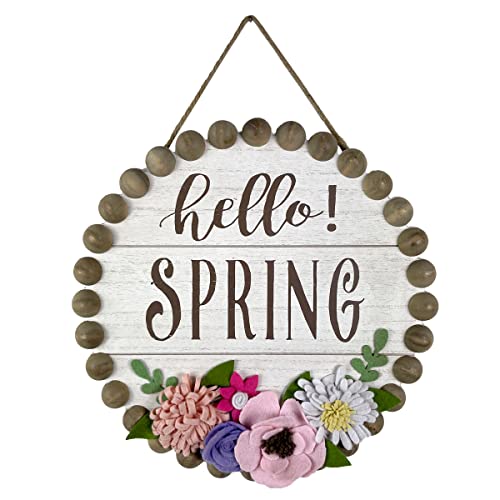 Spring Decorations Hello Spring Wall Sign 3D Fabric Flowers Wall Plaque Rustic Farmhouse Wooden Decoration Round Vintage Hanging Signs Gift for Kitchen Living Dinning Room Bedroom 12" x 12"