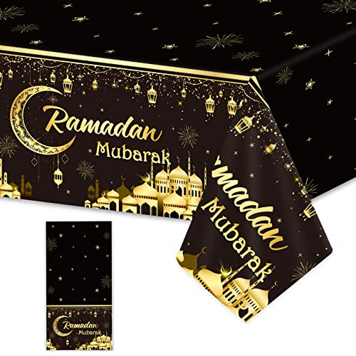 3pcs Ramadan Mubarak Tablecloths Eid Mubarak&#xA0;Party Table Decorations Ramadan Kareem Party Decorations Supplies Black and Golden&#xA0;Rectangle&#xA0;Table&#xA0;Cover&#xA0;for Eid Al-fitr Dinning Room Party Favors