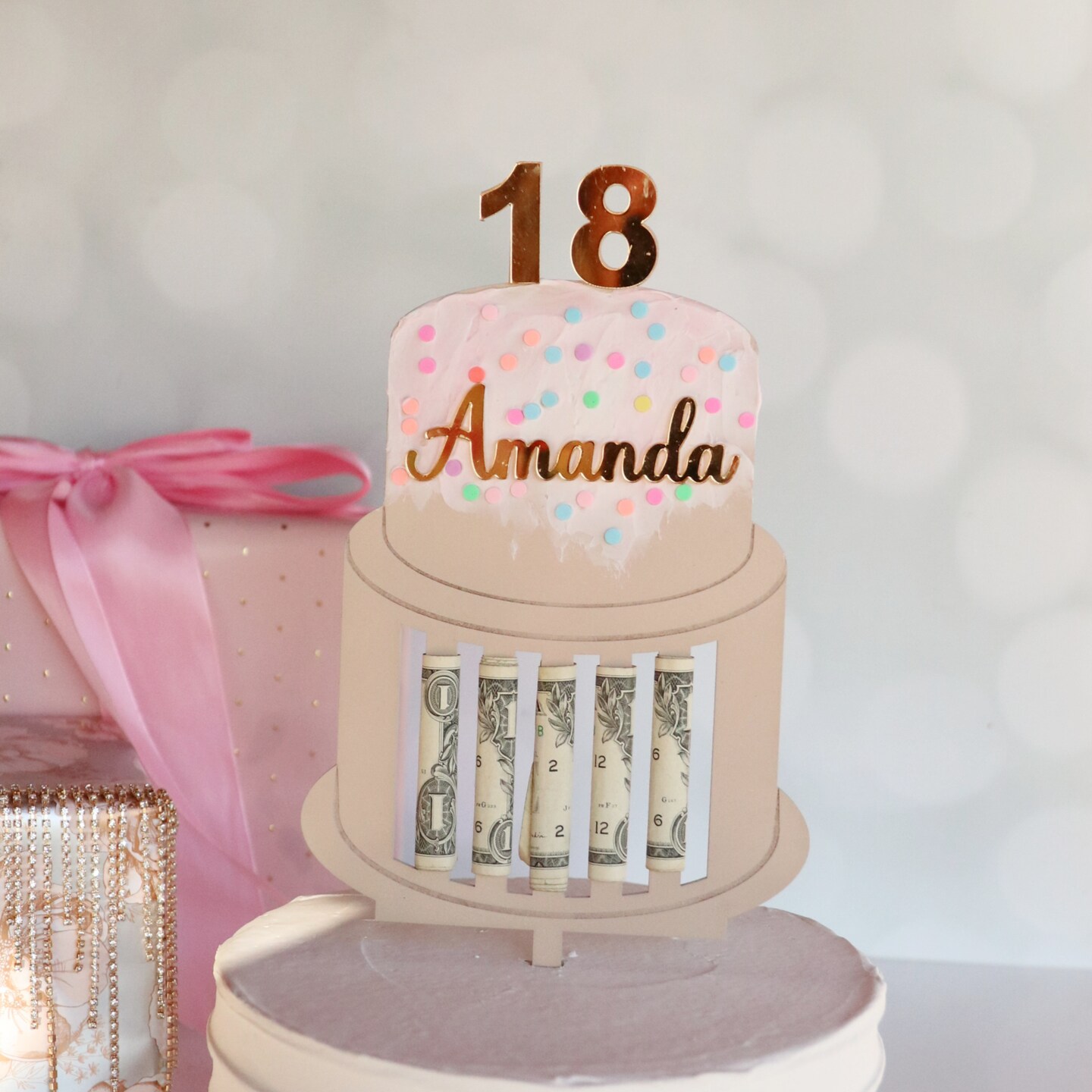 Money Tree Holder Wood Cake Topper, Personalized and Custom, Handmade Birthday Party Gift For