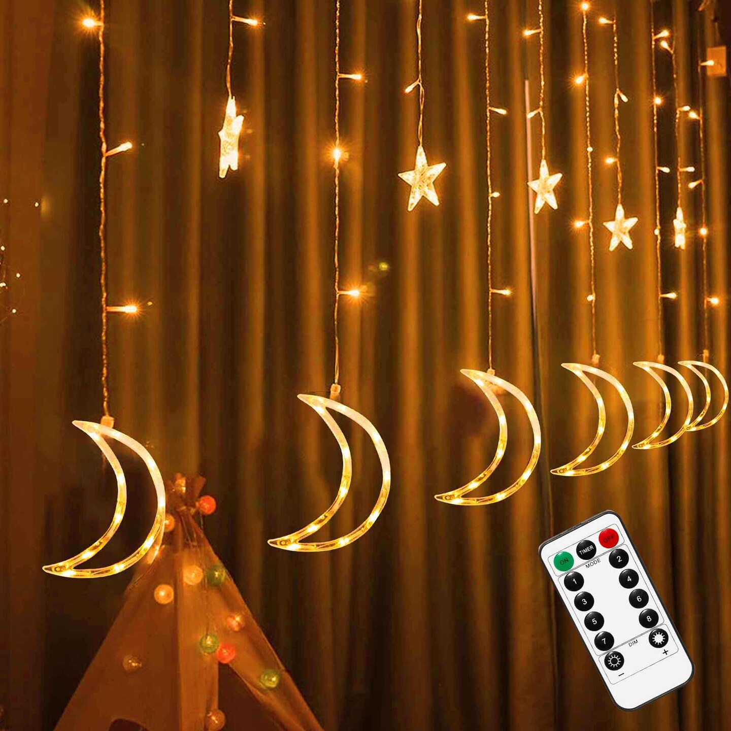 FUNPENY Star Moon Curtain String Lights, 138 LED Window Lights with Remote Control, Warm White Fairy Lights with 8 Modes for Indoor, Wedding, Party, Bedroom, Patio Lawn, Ramadan Decorations