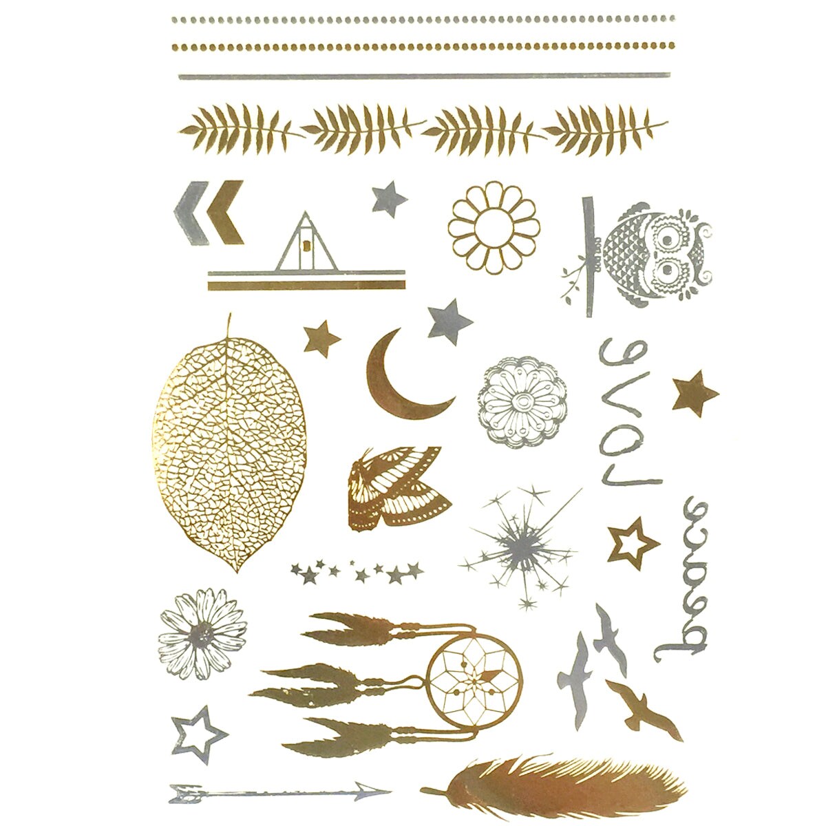 Wrapables Celebrity Inspired Temporary Tattoos in Metallic Gold Silver and Black, Peace and Love, Large