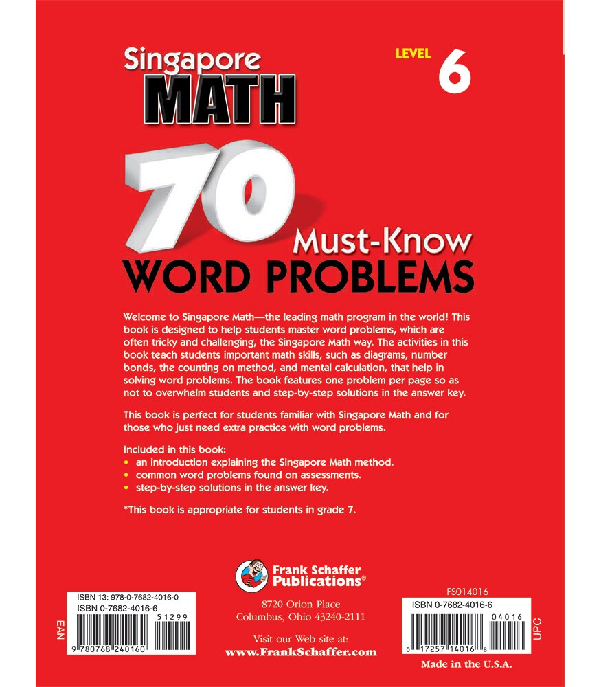 Singapore Math &#x2013; 70 Must-Know Word Problems Workbook for 7th Grade Math, Paperback, Ages 12&#x2013;13 with Answer Key
