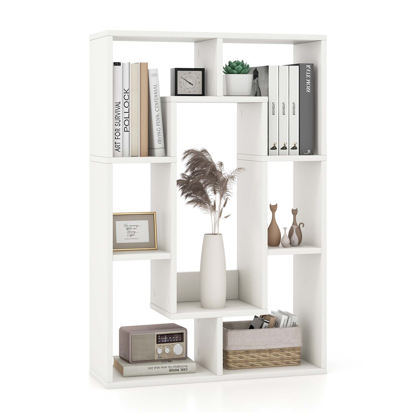 Costway 7-Cube Geometric Bookshelf with Anti-Toppling Device Modern Open Bookcase White/Black/Oak/Rustic Brown/Natural/Grey