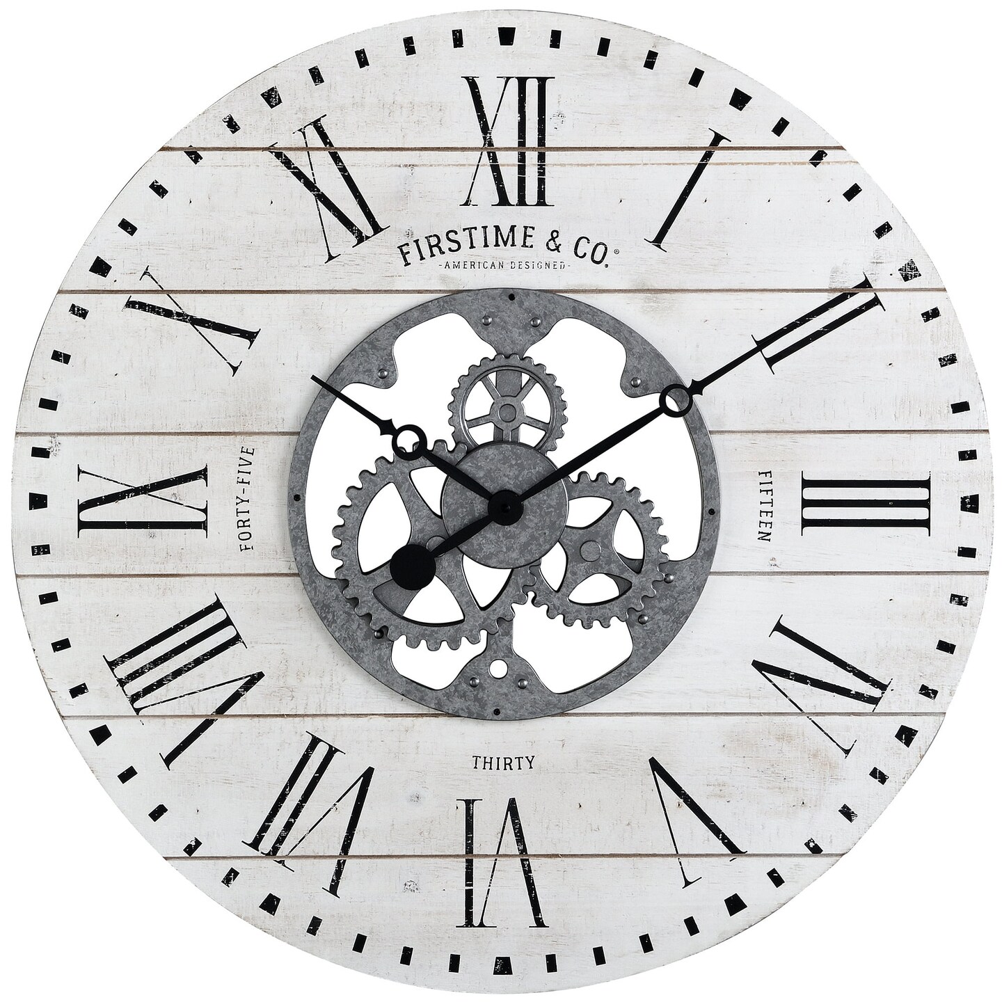 FirsTime &#x26; Co. White Shiplap Gears Wall Clock, Farmhouse, Analog, 27 x 2 x 27 in