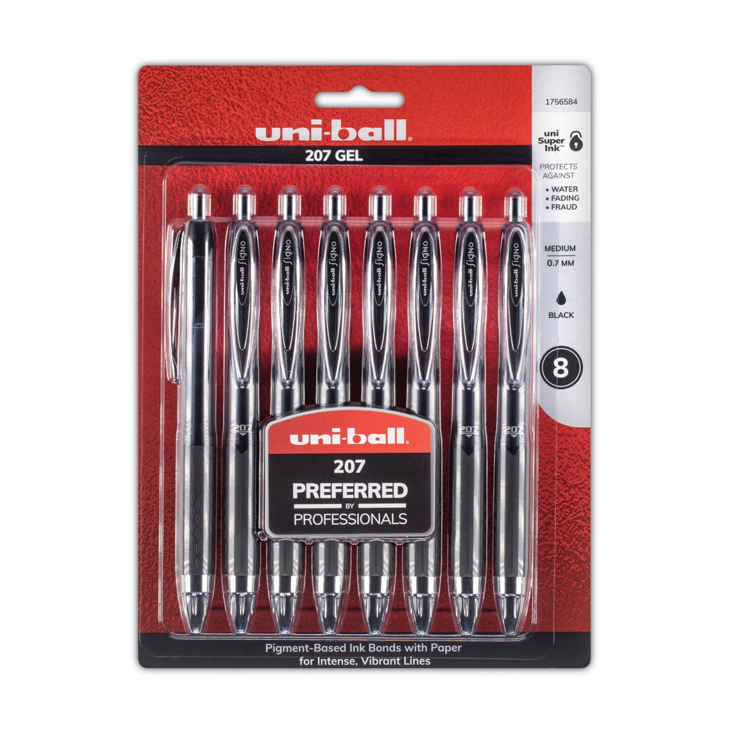 Uni-Ball Signo 207 Gel Pen, Retractable, Medium 0.7 mm, Black Ink, Translucent Black Barrel, 8/Pack