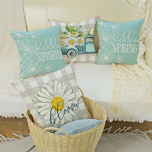 Pillow Covers 18x18 Set of 4 Buffalo Plaid Daisy Truck Bloom Hello Sunshine Spring Pillows Decorative Throw Pillows Light Blue Pillowcase Spring Decorations Farmhouse Decor for Couch Sofa