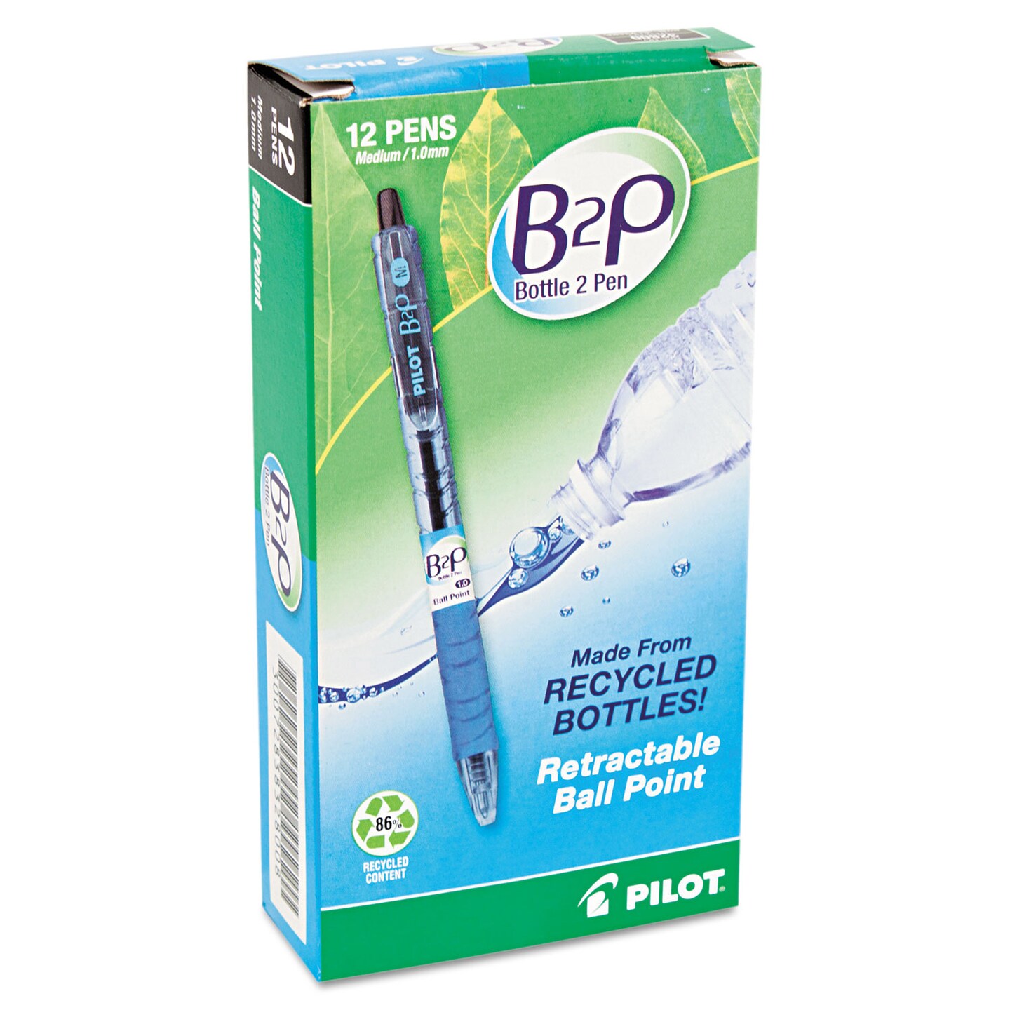 Pilot B2P Bottle-2-Pen Retractable Ballpoint Pen, 1mm, Black Ink, Translucent Blue Barrel, Dozen