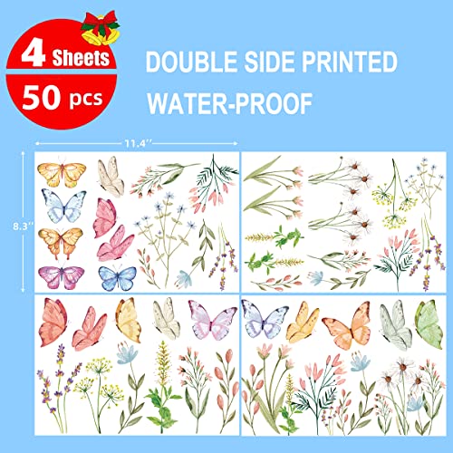 50 Pieces Spring Summer Window Cling Sticker, Watercolor Wild Flowers Butterfly Floral for Home Party Supplies Shop Window Glass Display Decoration