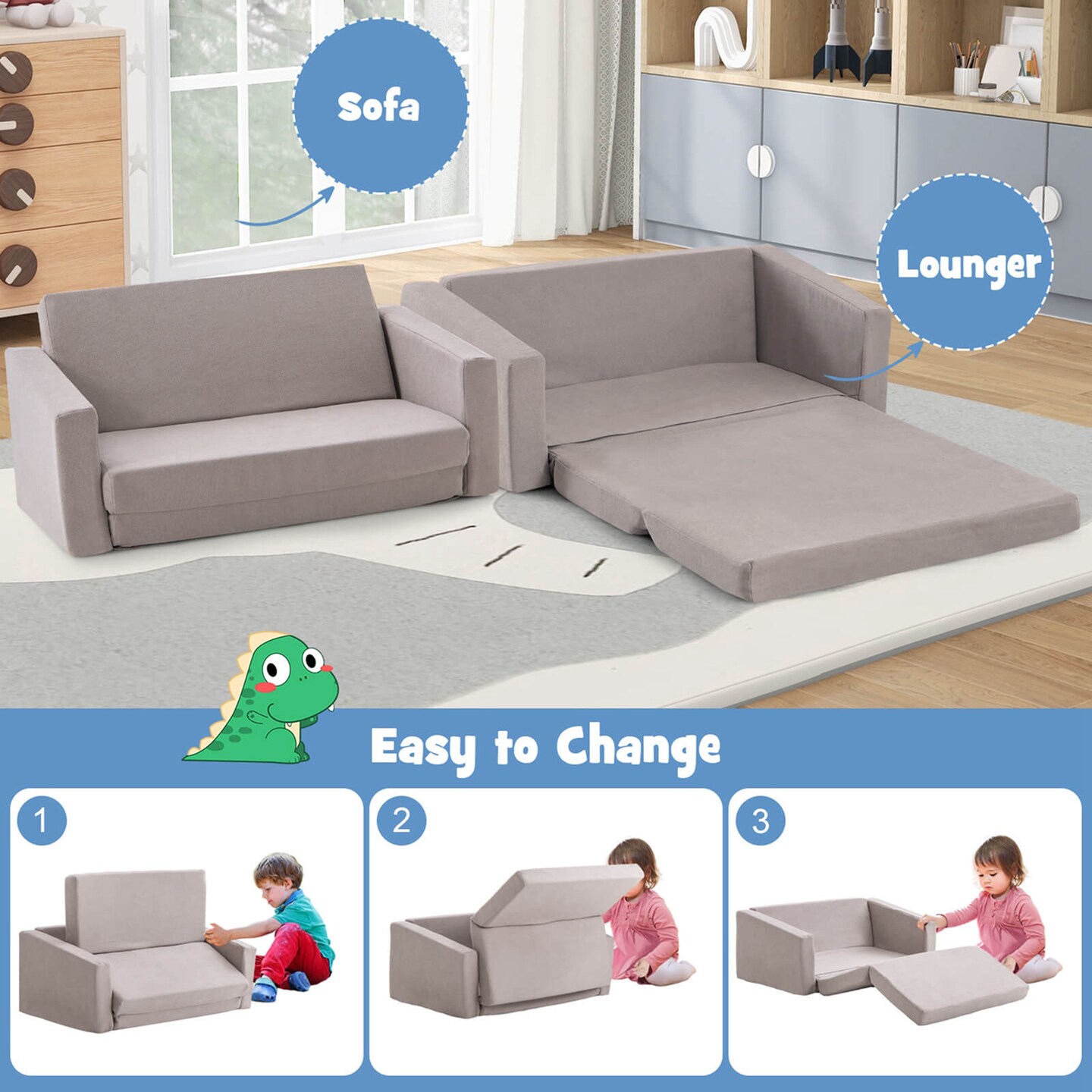 Honeyjoy 2-in-1 Toddler Fold out Couch Children&#x2019;s Convertible Sofa to Lounger