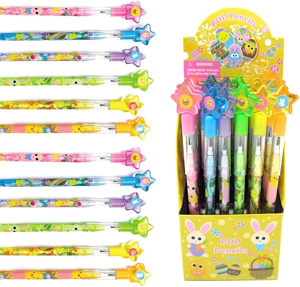 Tiny Mills 24 Pcs Multi Point Stackable Push Pencil Assortment with Eraser, Easter Basket Stuffer